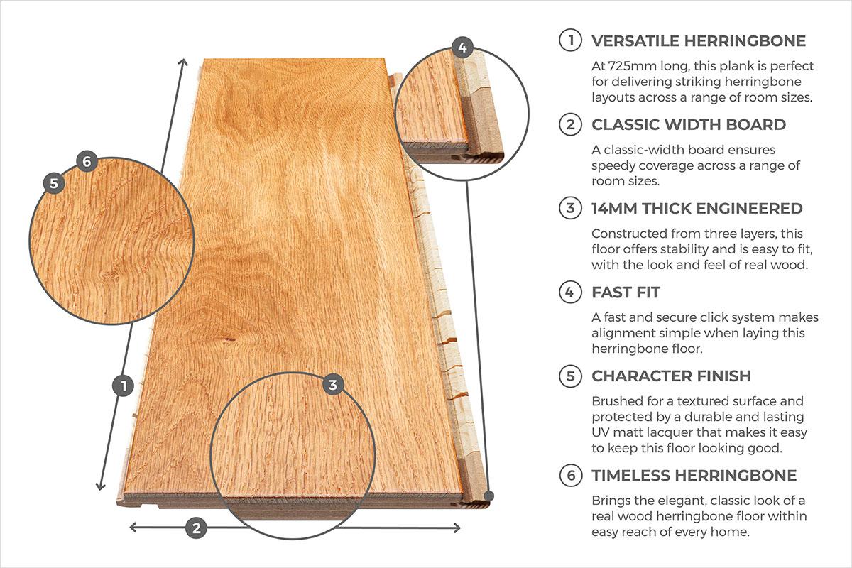 14x130mm European Select Oak Caramel Lacquered Engineered Wood Herringbone Flooring