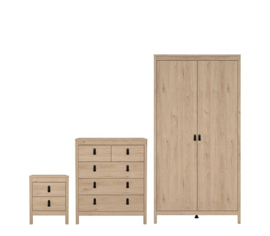 Barcelona Package - Bedside Table 2 Drawers + Chest 5 Drawer + 2 Door Wardrobe in Jackson Hickory Oak