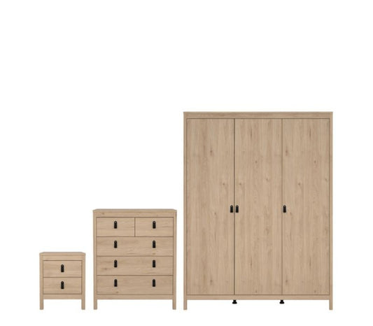 Barcelona Package - Bedside Table 2 Drawers + Chest 5 Drawer + 2 Door Wardrobe in Jackson Hickory Oak