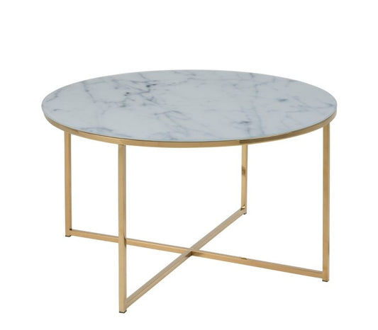 Alisma Round Coffee Table with White Marble Effect Glass Top & Gold Legs