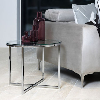 Cross Round Metal Side Table with Glass Top