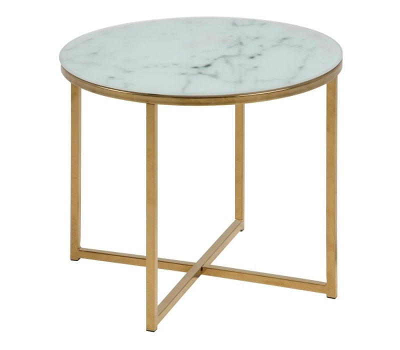 Alisma Round Side Table with White Marble Effect Glass Top & Gold Legs