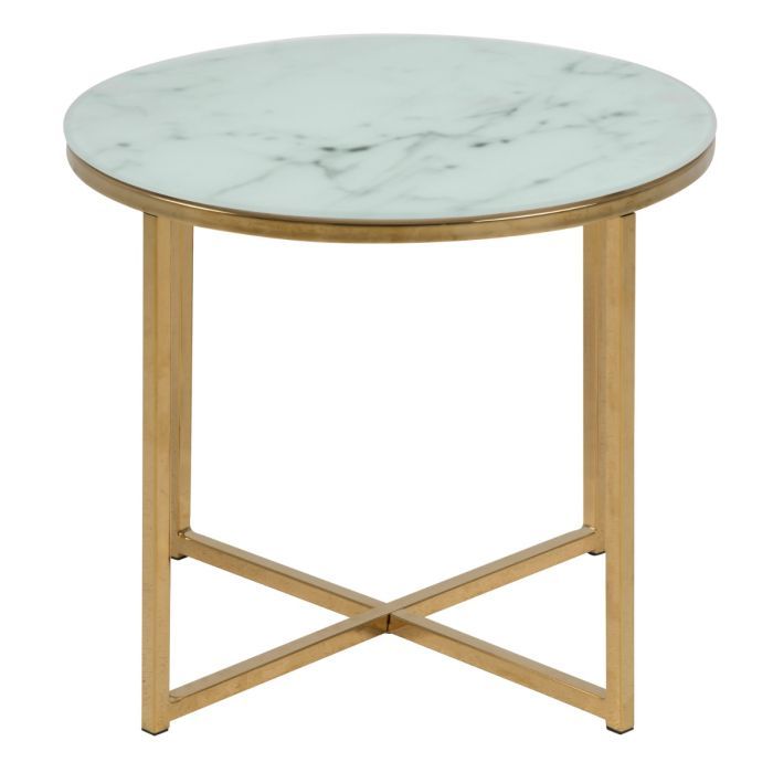 Alisma Round Side Table with White Marble Effect Glass Top & Gold Legs