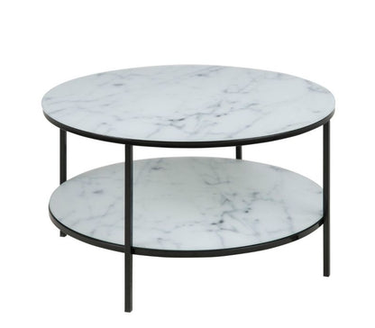 Alisma Round Coffee Table with Marble Effect Glass Top & Black Legs