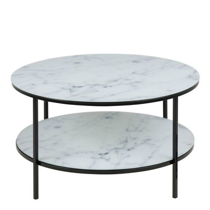 Alisma Round Coffee Table with Marble Effect Glass Top & Black Legs