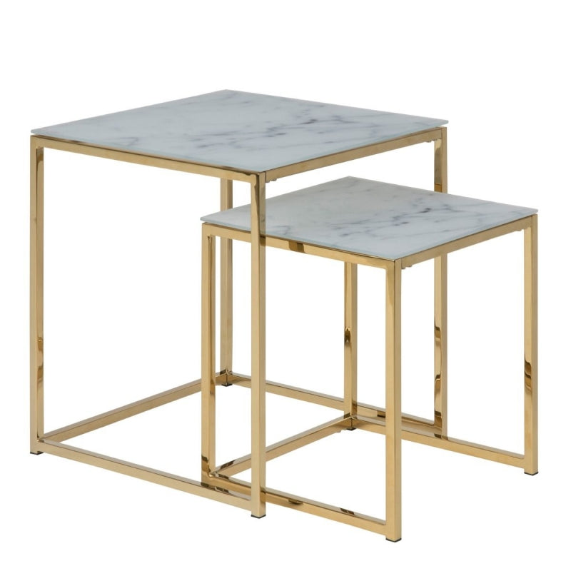 Alisma Nest of Tables with White Marble Effect Glass Top & Gold Legs