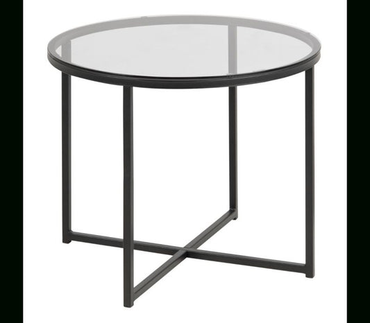 Cross Round Metal Side Table with Smoked Glass Top