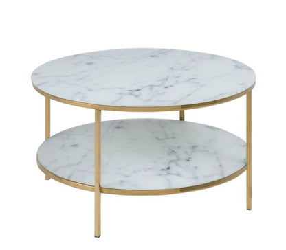 Alisma Round Coffee Table with Marble Effect Glass Top & Gold Legs