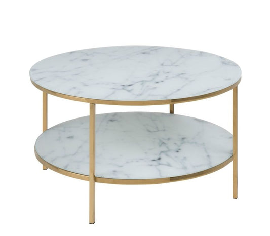 Alisma Round Coffee Table with Marble Effect Glass Top & Gold Legs