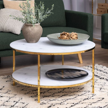 Alisma Round Coffee Table with Marble Effect Glass Top & Gold Legs