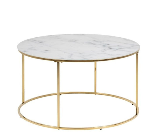 Bolton -A1 Round Coffee Table with White Marble Effect Glass Top & Gold Base