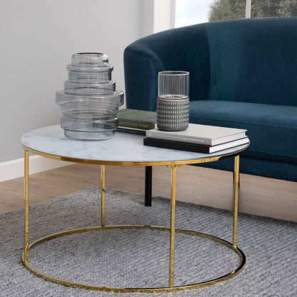 Bolton -A1 Round Coffee Table with White Marble Effect Glass Top & Gold Base