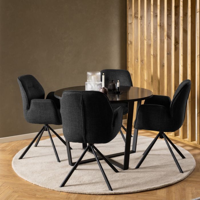 Amble Round Dining Table with Black Marble Melamine Top & Black Legs