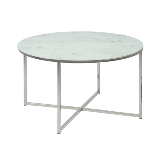 Alisma Round Coffee Table with White Marble Effect Glass Top & Silver Legs