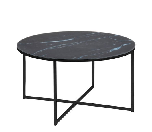 Alisma Round Coffee Table with Black Marble Effect Glass Top & Black Legs