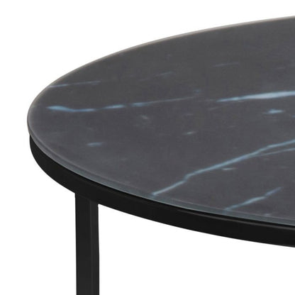 Alisma Round Coffee Table with Black Marble Effect Glass Top & Black Legs