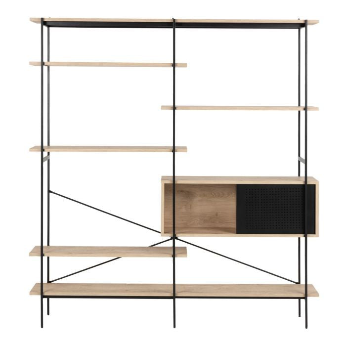 Angus Bookcase with 1 Sliding Door & 5 Shelves in White Oak & Black