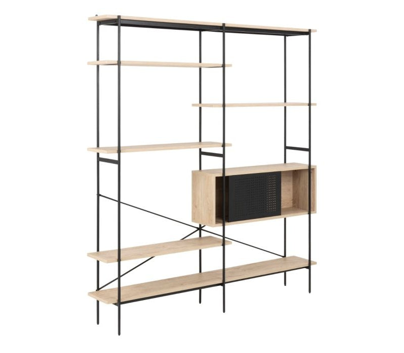 Angus Bookcase with 1 Sliding Door & 5 Shelves in White Oak & Black