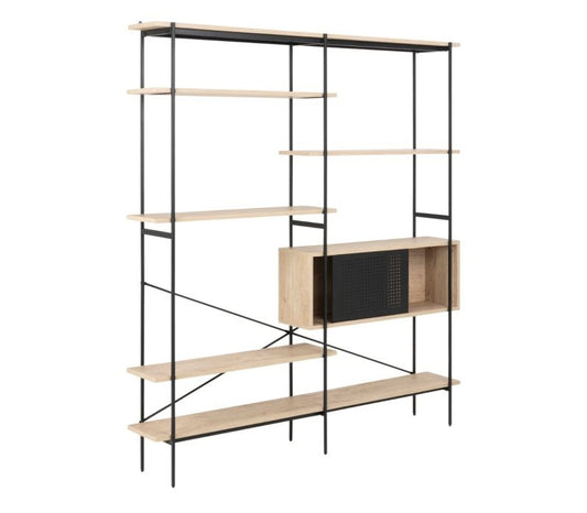 Angus Bookcase with 1 Sliding Door & 5 Shelves in White Oak & Black