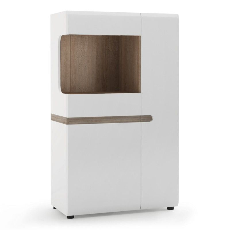 FTG Chelsea Living Low Display Cabinet 85 cm wide in white with an Truffle Oak Trim