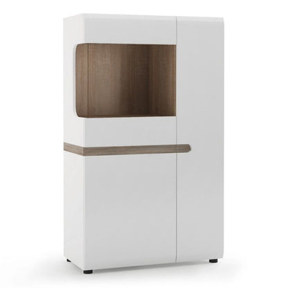 FTG Chelsea Living Low Display Cabinet 85 cm wide in white with an Truffle Oak Trim