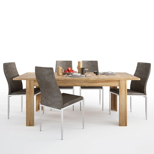 FTG Dining set Cortina Extending dining table in Grandson Oak + 4 Milan High Back Chair Dark Brown