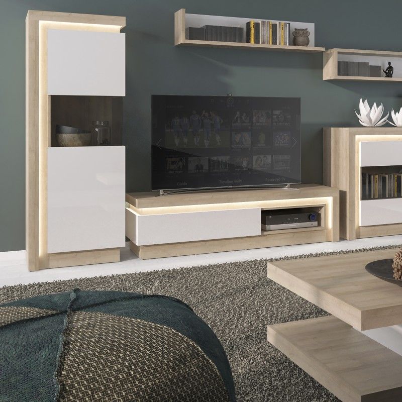 FTG Lyon 2 drawer TV cabinet in Riviera Oak/White High Gloss