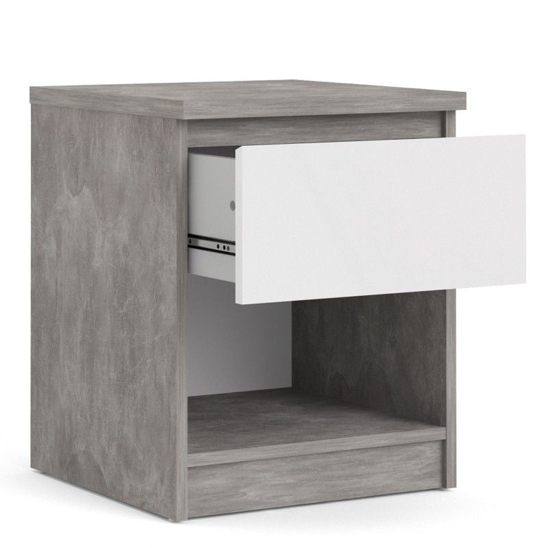 FTG Naia Bedside - 1 Drawer 1 Shelf in Concrete and White High Gloss