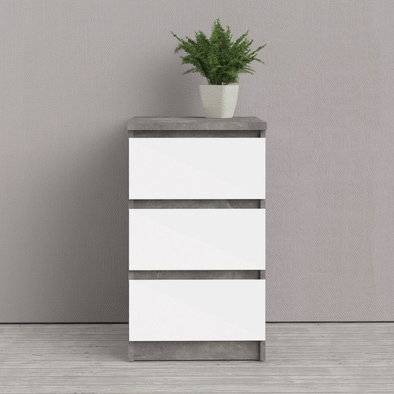 FTG Naia Bedside - 3 Drawers in Concrete and White High Gloss