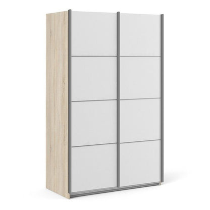 Verona Sliding Door Wardrobe 120cm in Oak with White Doors with 2 Shelves