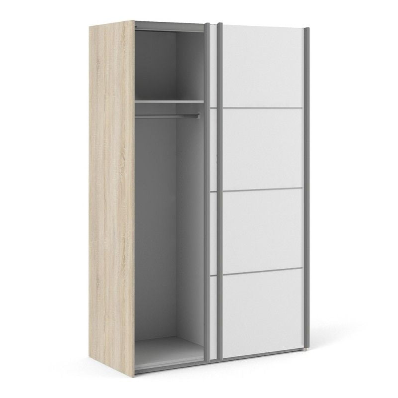 Verona Sliding Door Wardrobe 120cm in Oak with White Doors with 2 Shelves