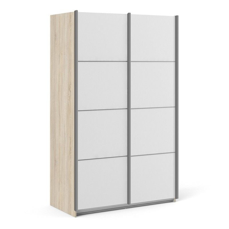 Verona Sliding Door Wardrobe 120cm in Oak with White Doors with 5 Shelves