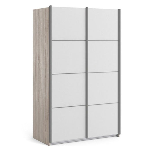 FTG Verona Sliding Wardrobe 120cm in Truffle Oak with White Doors with 2 Shelves