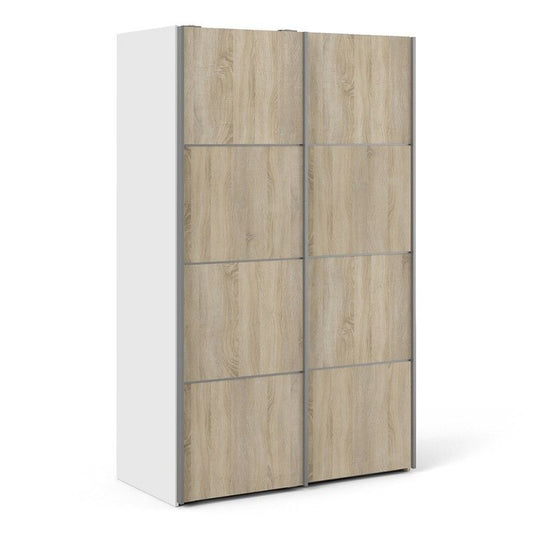 Verona Sliding Door Wardrobe 120cm in White with Oak Doors with 2 Shelves