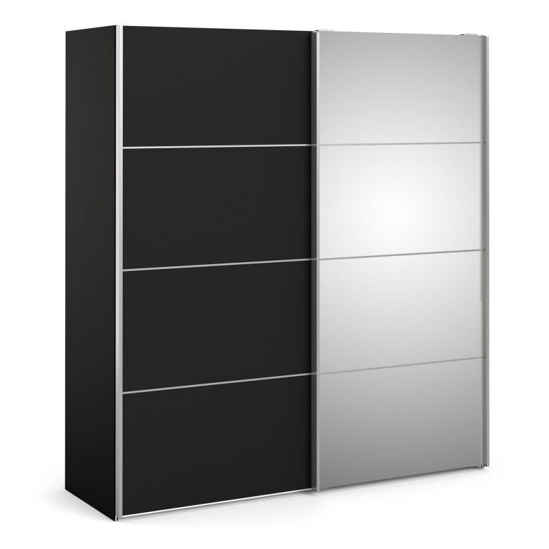 Verona Sliding Door Wardrobe 180cm Black Matt with Black Matt and Mirror Doors with 2 Shelves