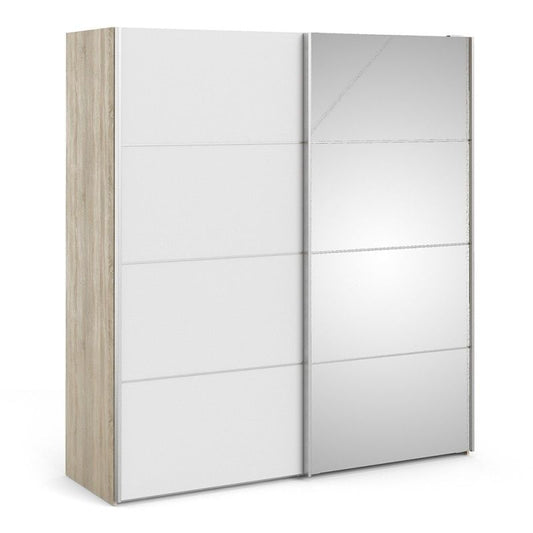 Verona Sliding Door Wardrobe 180cm in Oak with White and Mirror Doors with 2 Shelves