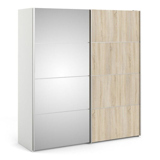 Verona Sliding Door Wardrobe 180cm in White with Oak and Mirror Doors with 2 Shelves