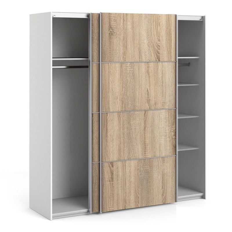 Verona Sliding Door Wardrobe 180cm in White with Oak Doors with 5 Shelves