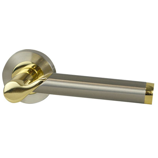 Intelligent Hardware Enterprise Lever in Brass / Satin Nickel Plated on Round Rose Door Handles