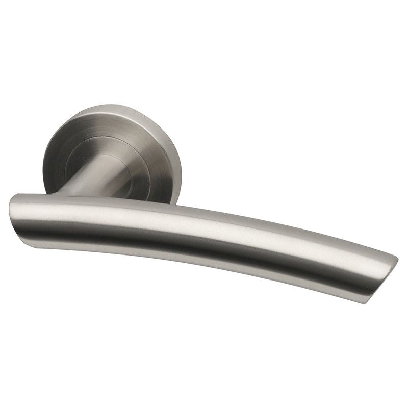 Intelligent Hardware Everest Lever in Satin Stainless Steel on Round Rose Door Handles