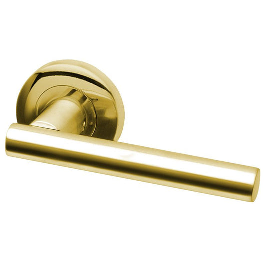 Intelligent Hardware Lynx Lever in Polished Brass on Round Rose Door Handles