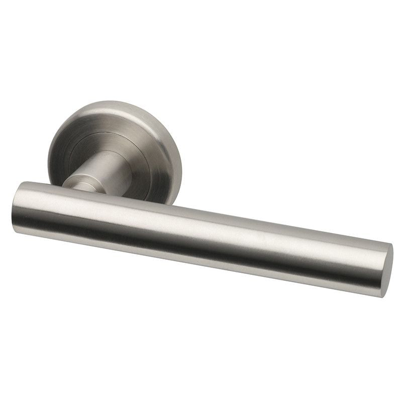 Intelligent Hardware Nevis Lever in Satin Stainless Steel on Round Rose Door Handles