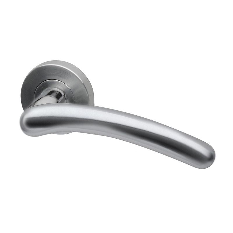 Intelligent Hardware Omega Lever in Satin Nickel Plated on Round Rose Door Handles