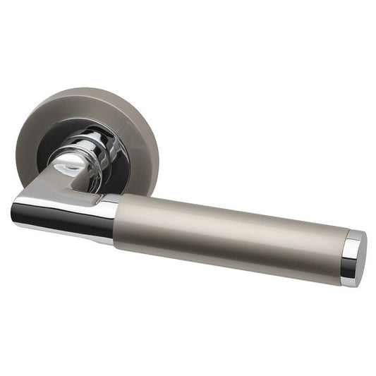 Intelligent Hardware Topaz Lever in Matt Nickel Plated / Polished Chrome on Round Rose Door Handles