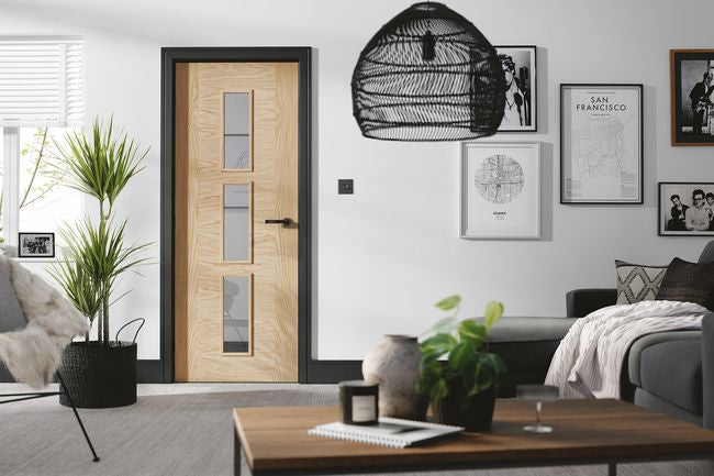 Internal Oak Sofia 3L Pre-Finished Door With Clear Glass