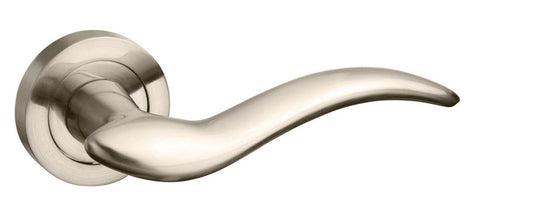 Mediterranean Barcelona Lever On Round Rose Pair Of Door Handles Satin Nickel