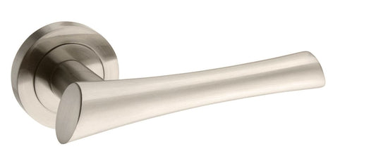 Mediterranean Corsica Lever On Round Rose Pair Of Door Handles Satin Nickel