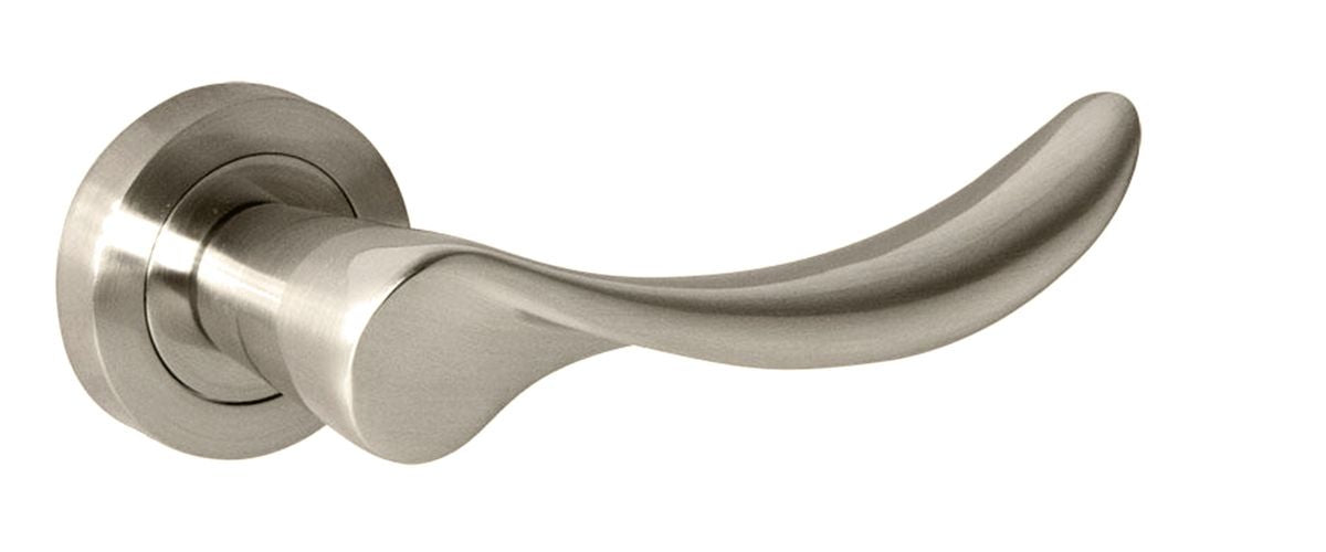 Mediterranean Malaga Lever On Round Rose Pair Of Door Handles In Satin Nickel