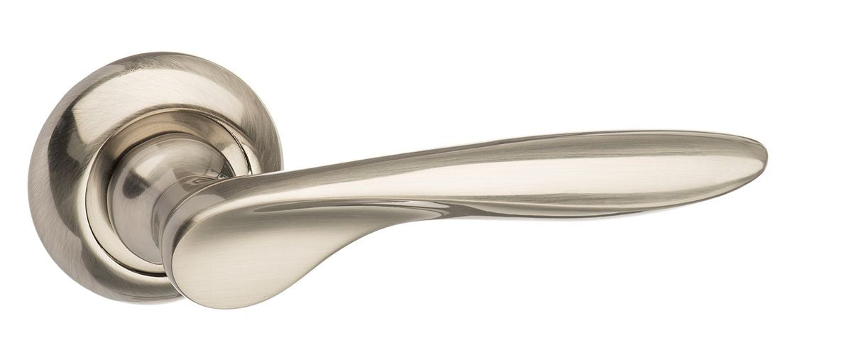 Mediterranean Malta Lever On Round Rose Pair Of Door Handles Satin Nickel