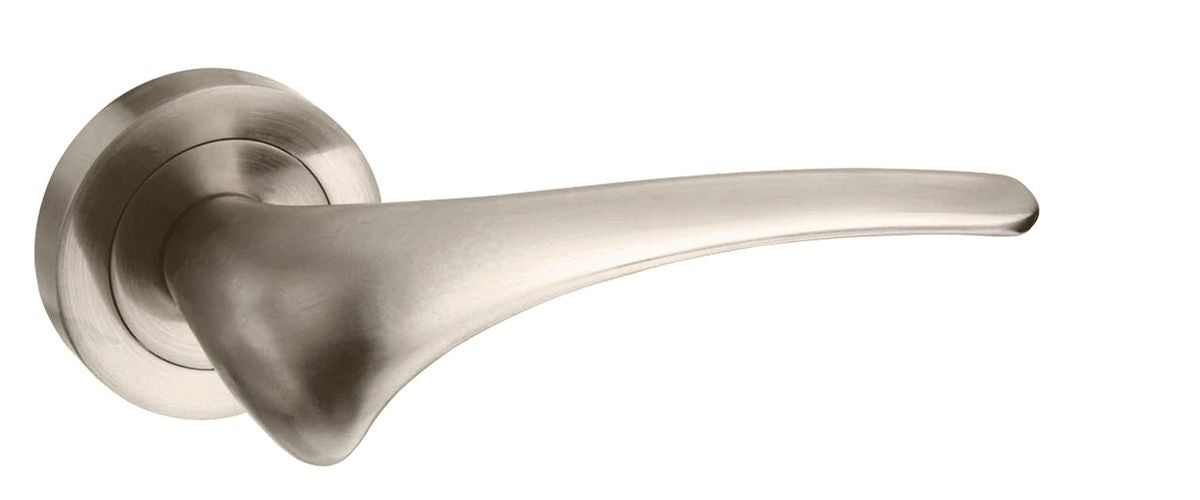 Mediterranean Marseille Lever On Round Rose Pair Of Door Handles Satin Nickel